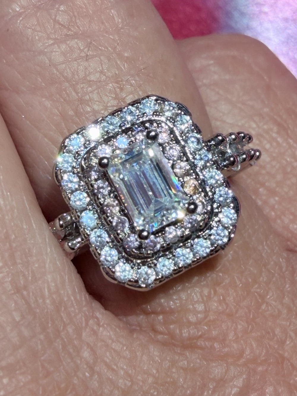 New Elegant Emerald-Cut Moissanite with Double Halo